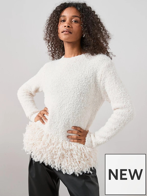 The Very Collection Boucle Fringe Hem Crew Neck Jumper - Cream | Very (UK)