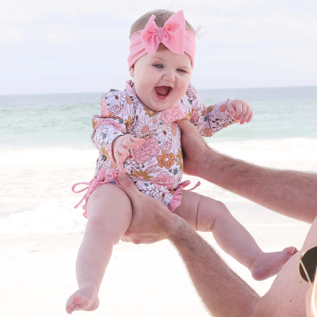 Long Sleeve Rash Guard With Ruffle Bottom | Boho Floral | Caden Lane