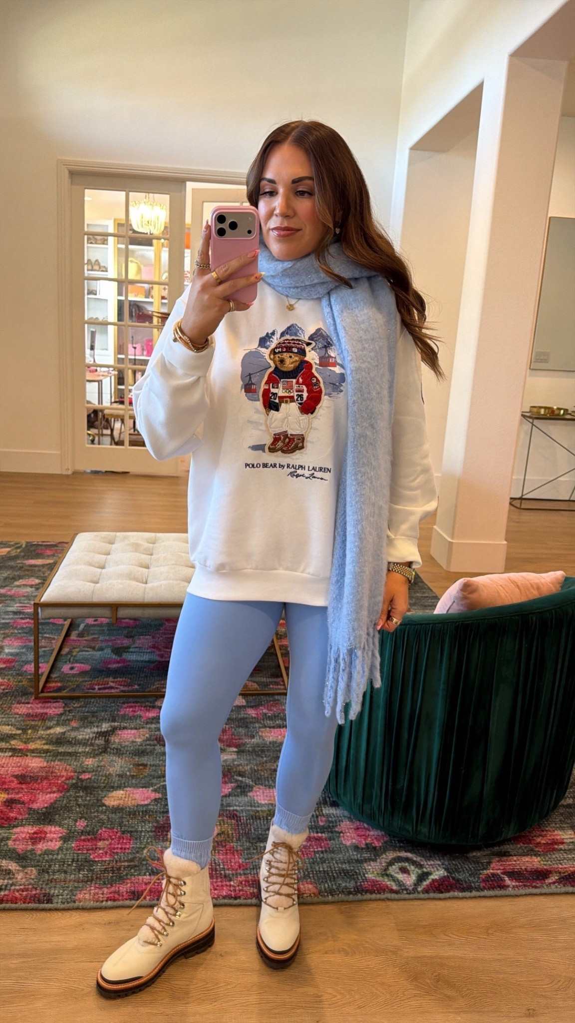 curvy midsize Olympic themed outfit! wearing size large in unisex polo bear sweatshirt and size 10 in leggings! 

#LTKSeasonal #LTKMidsize