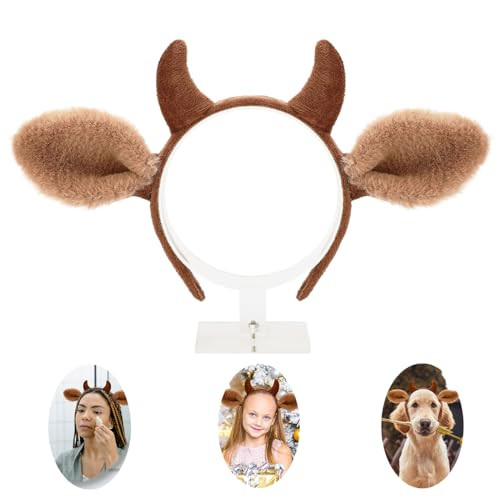 Beviliu Brown Cow Ears Headband - Realistic Horns and Furry Fluffy Costume Accessory for Animal Party, Halloween | Amazon (US)