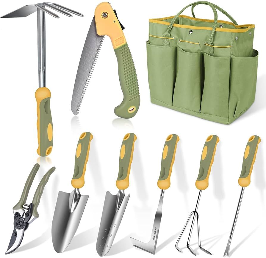 Garden Tool Set, WisaKey 9 Piece Stainless Steel Heavy Duty Green Gardening Tools with Non-Slip E... | Amazon (US)