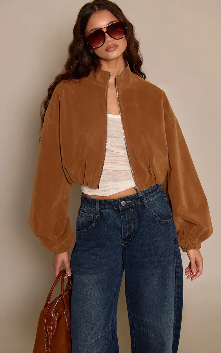 Caramel Faux Suede Cropped Bomber Jacket | PLT | PrettyLittleThing UK