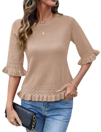 AKEWEI 3/4 Sleeve Crochet Sweaters Pullover Women Tops Peplum Ruffle Hem Top Spring Fall Womens Clothing Light Khaki M | Amazon (US)
