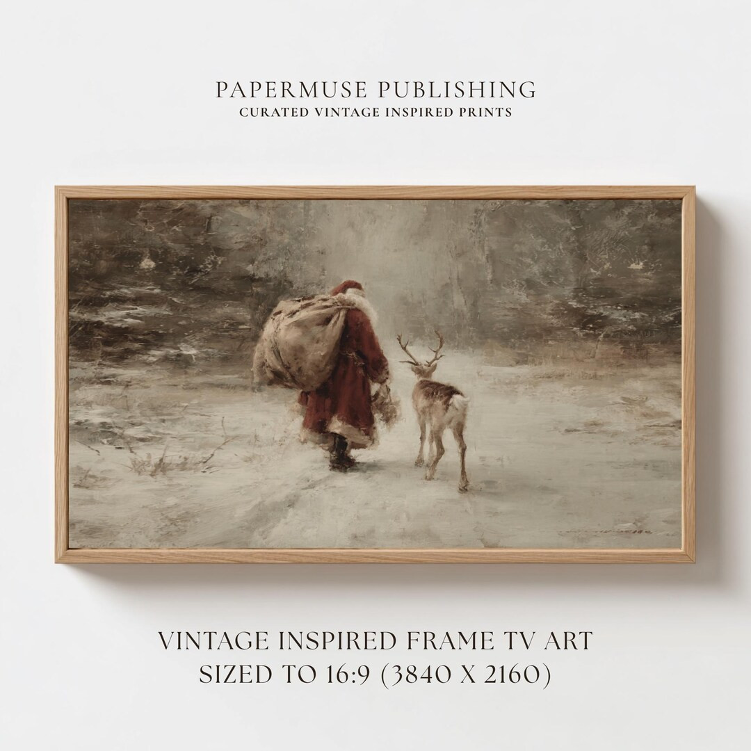 Vintage Santa and Reindeer Frame TV Art, Old World Father Christmas Painting, Woodland Winter Sce... | Etsy (US)