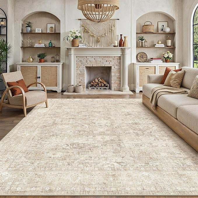8x10 Beige Washable Area Rug for Living Room Bedroom Neutral Soft Non Slip Rug Low Pile Vintage D... | Amazon (US)