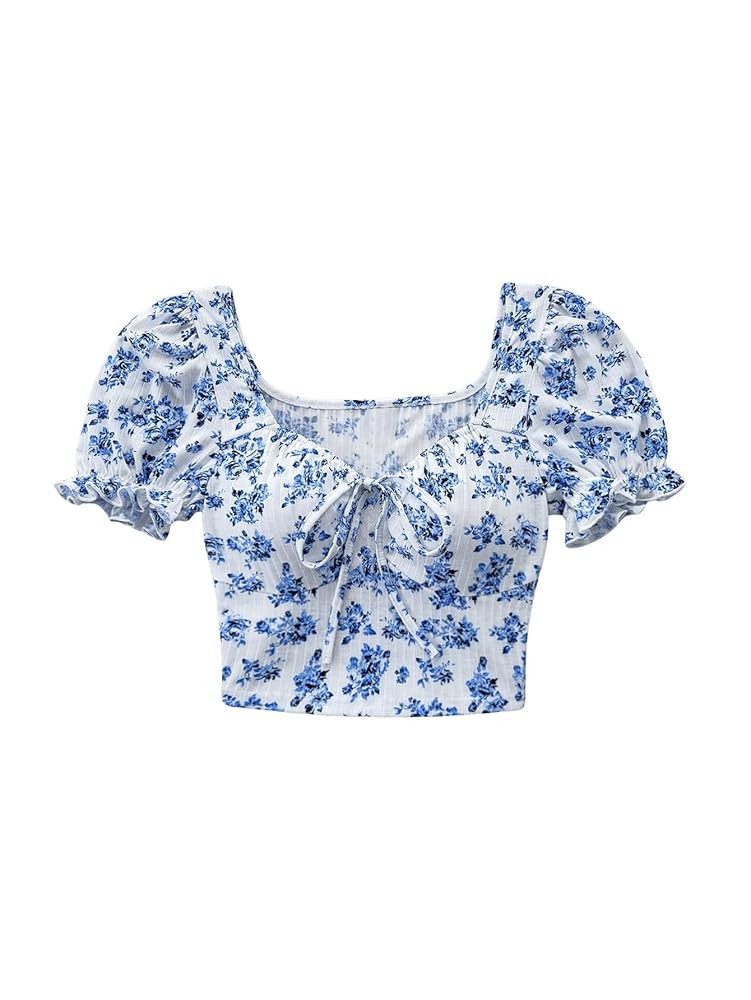 Floerns Women's Floral Tie Front Cropped Blouses Puff Sleeve Sweetheart Neck Boho Top | Amazon (US)