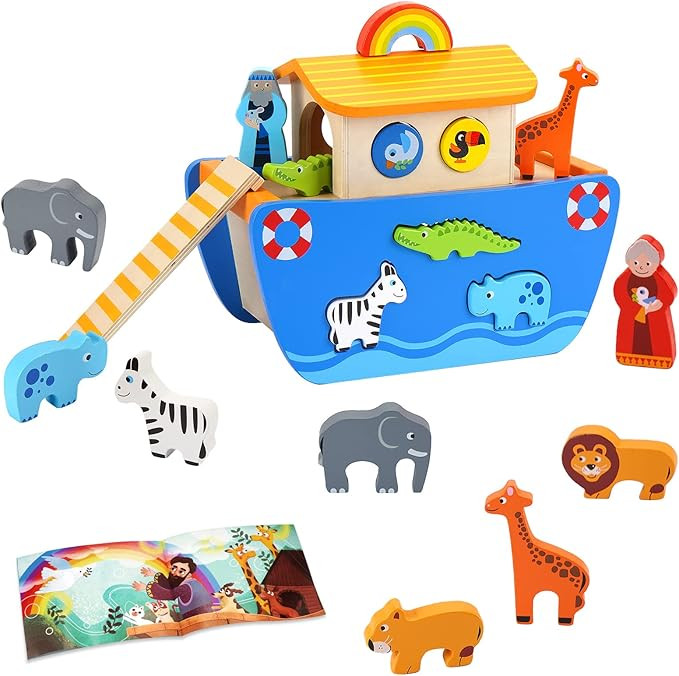 KMTJT Toddlers Wooden Noah's Ark Toy Animal Playset, Baptism Gifts for 1 2 3 Boys Girls, Shape So... | Amazon (US)