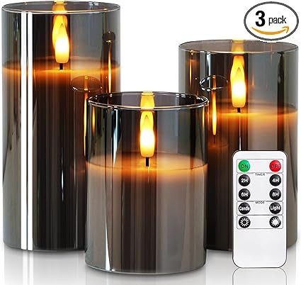 Homemory Grey Glass Flameless Candles, Battery Operated LED Pillar Candles with Remote Control an... | Amazon (US)