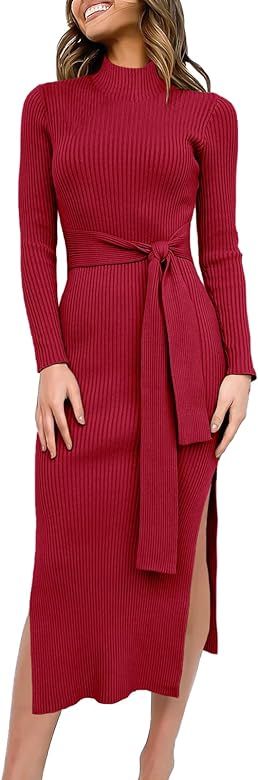 ANRABESS Women's Sweater Dress 2023 Elegant Fall Long Sleeve Mock Neck Tie Waist Slim Fit Slit Se... | Amazon (US)
