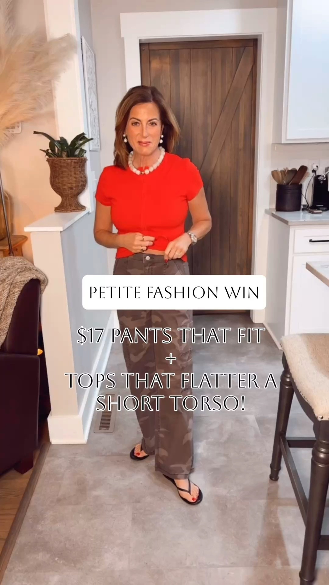 These $17 pants are petite-friendly with a flattering fit, and these tops help create a more balanced silhouette without overwhelming your frame. Affordable, comfortable, and easy to wear. This is exactly what I love sharing!!

I’m 5’1 115lbs. Wearing an xs in the pants ~ they run big.
Wearing a size small in the red top and xs in the white top.