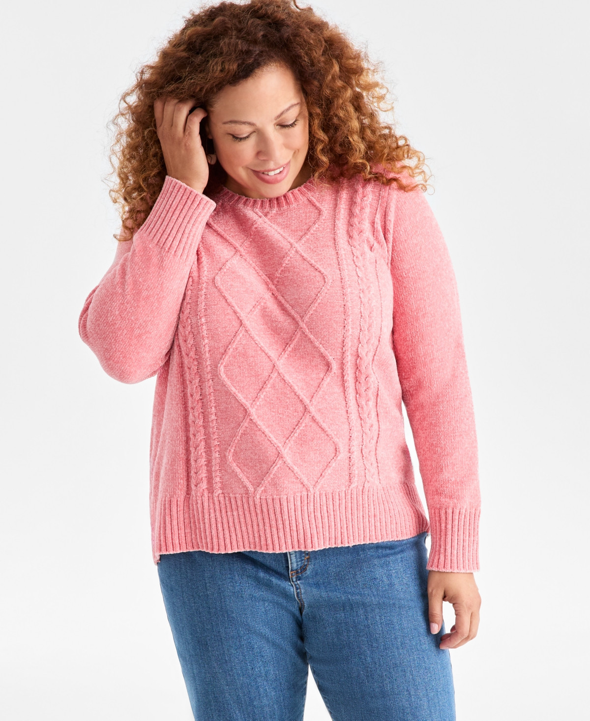 Style & Co Plus Size Crewneck Chenille Long-Sleeve Sweater, Macy's Exclusive - Peached Pink | Macy's