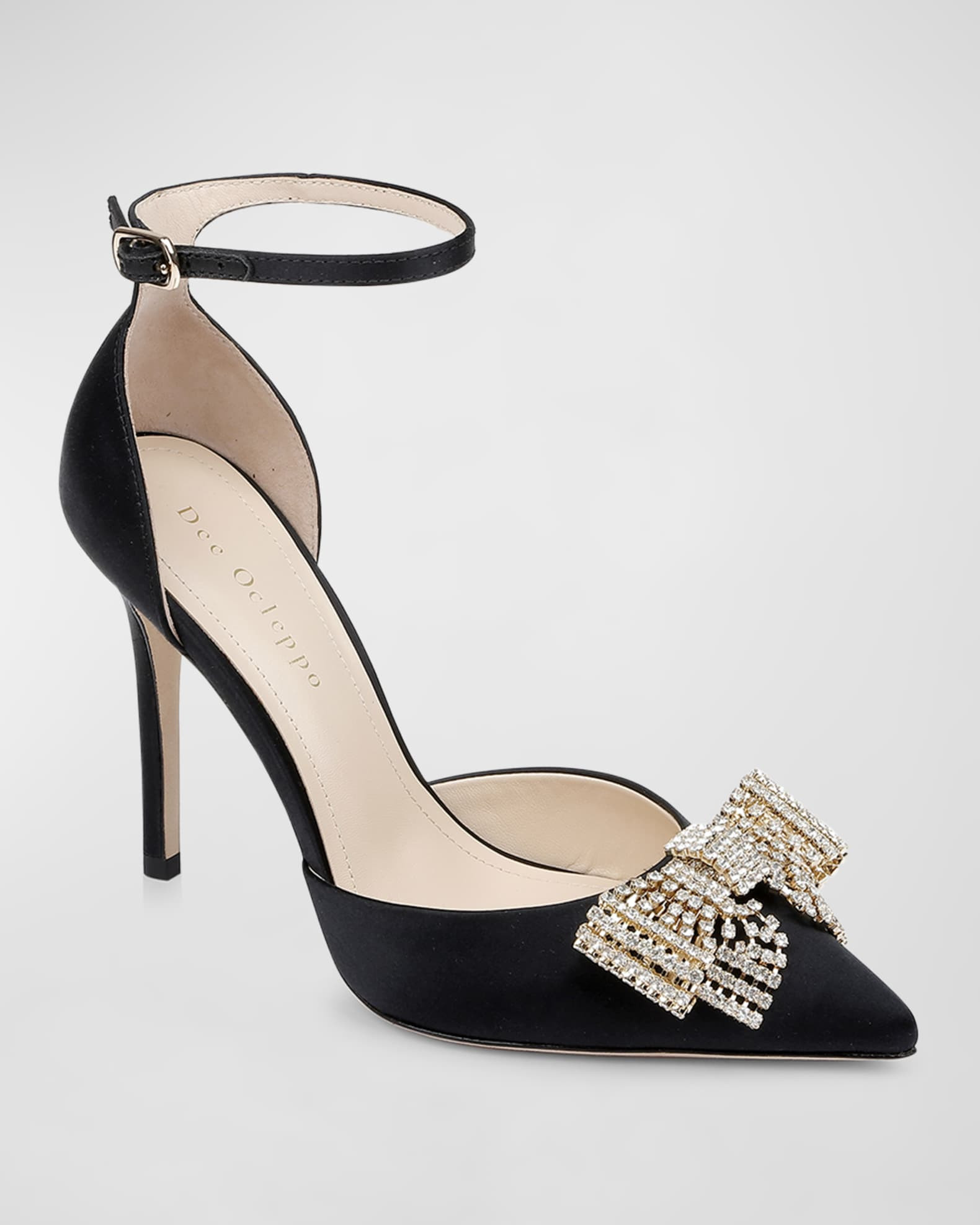 DEE OCLEPPO Plush Crystal Bow Ankle-Strap Pumps | Neiman Marcus