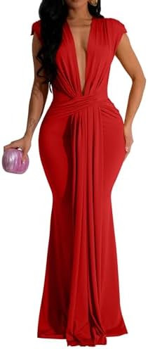 Memoriesea Women's Elegant Sleeveless Deep V Neck Bodycon Party Evening Gown Maxi Dress | Amazon (US)