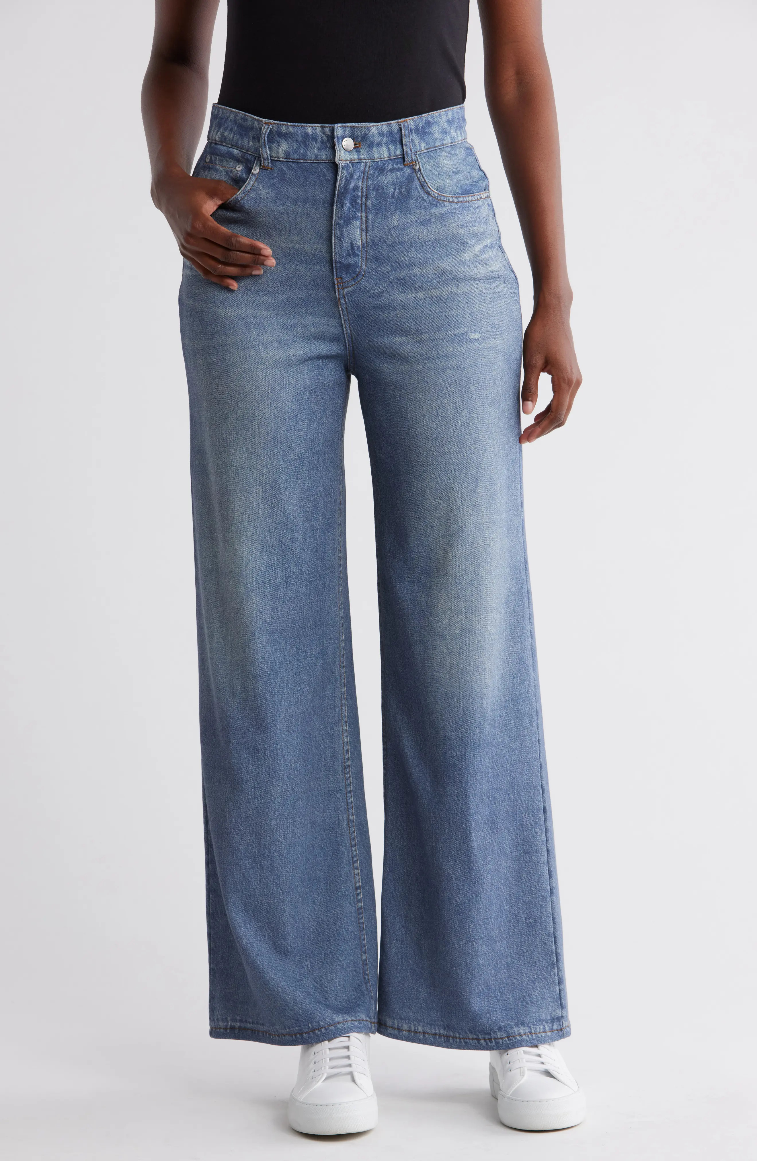 ECRU Mirage Denim Printed French Terry Wide Leg Pants in Light Wash at Nordstrom Rack, Size 10 | Nordstrom Rack