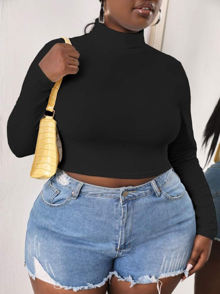 Plus Solid High Neck Crop Tee | SHEIN