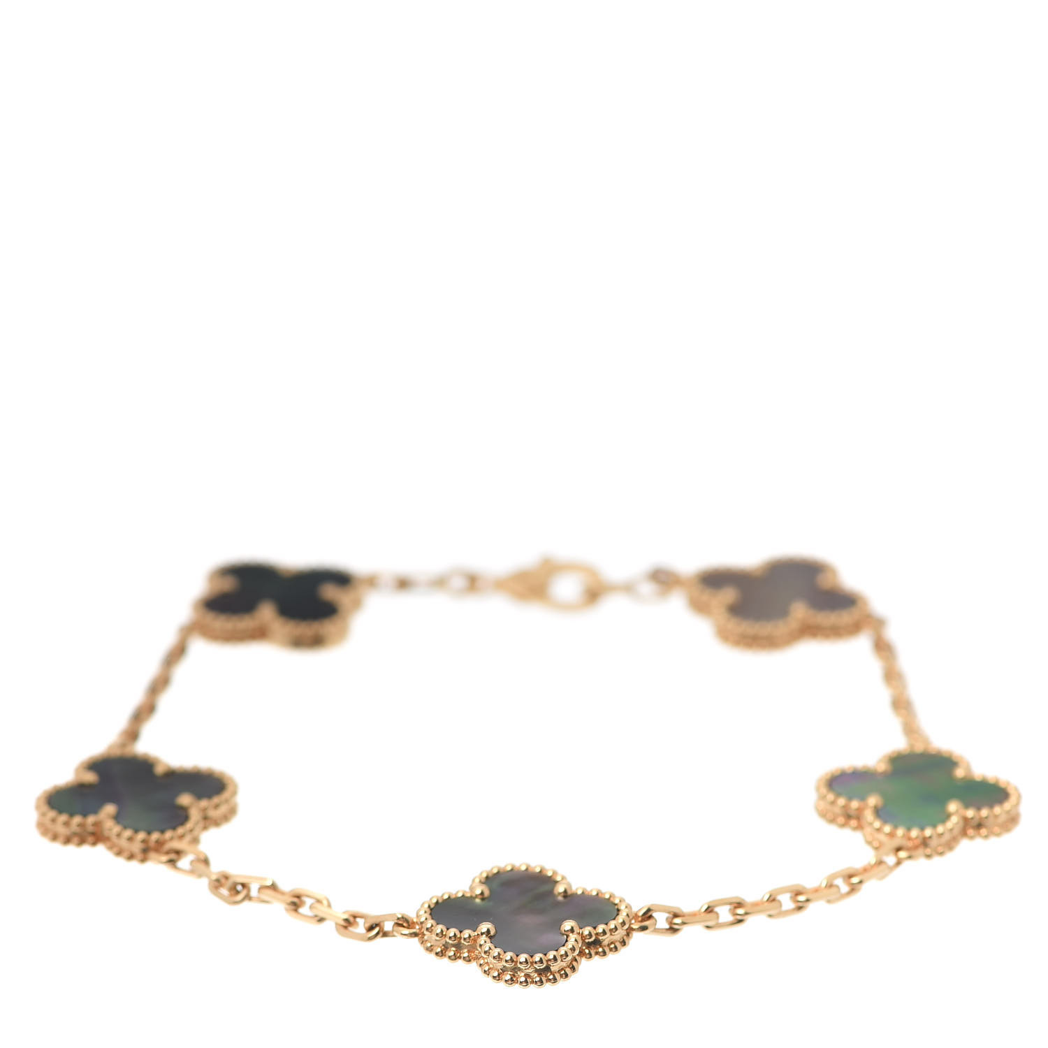 VAN CLEEF & ARPELS

18K Yellow Gold Grey Mother of Pearl 5 Motifs Vintage Alhambra Bracelet | Fashionphile