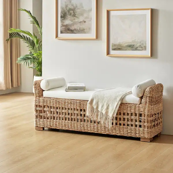 HULALA HOME Abel Boho Coastal Ratten Storage Bench with Hollow-Carved Design and Solid Wood Foot ... | Bed Bath & Beyond