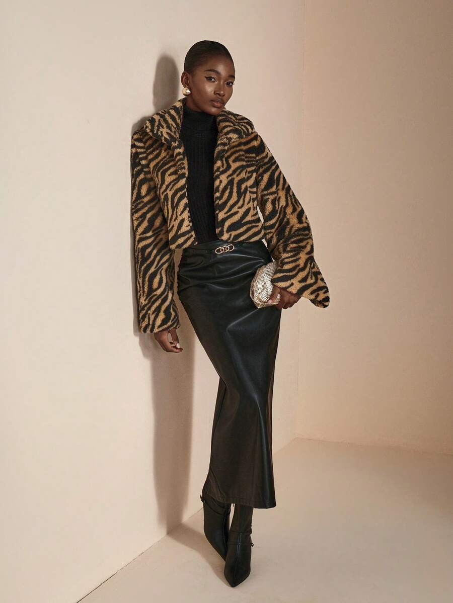 JIAN LASALA Vintage Open Front Zebra Patterned Faux Fur Collar Jacket Winter Casual Outerwear War... | SHEIN