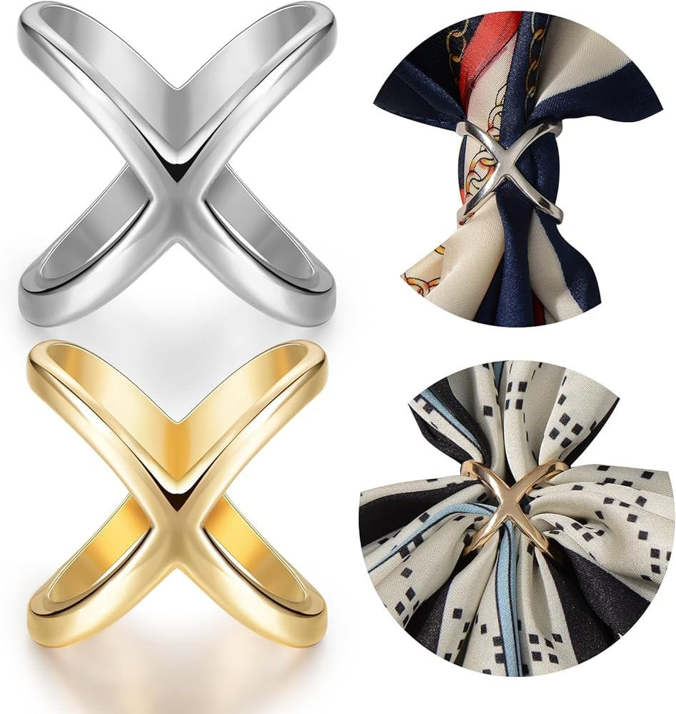 SYWDUDUCLT Scarf Ring for Women's Shawl, Silk Neckerchief, Tshirt, Gold/Sivler, S/M/L, 2 Pcs | Amazon (US)