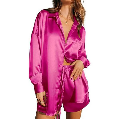 Ekouaer Womens 2 Piece Satin Pajama Set Long Sleeve PJs Sets Button Down Lounge Sets Soft Sleepwear Set Hot Pink L | Target