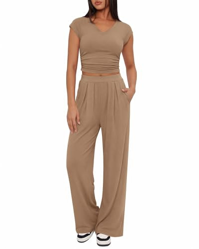 BTFBM Womens 2 Piece Outfits Spring 2026 V Neck Cap Sleeve Ruched Top Wide Leg Pants Sets Rib Knit Lounge Matching Set(Khaki, Small) | Amazon (US)