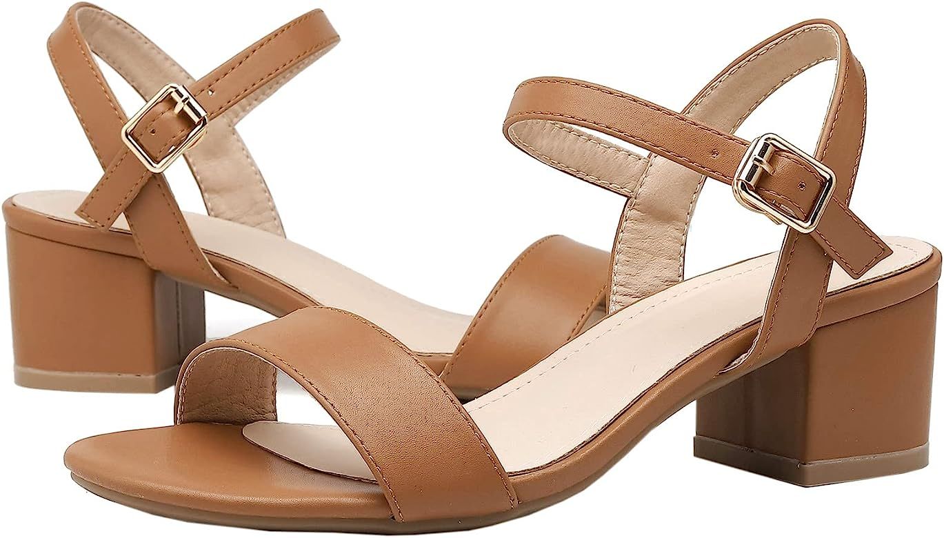 DADAWEN Women's Open Toe Ankle Strap Glitter Low Block Chunky Heels Sandals Party Dress Pumps Shoes | Amazon (US)