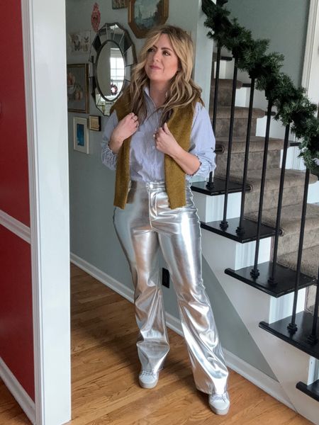 Outfit #4 of styling holiday outfits ❤️ In an effort to feel like myself and keep myself out of sweatpants. Here we go with a one of my favorite winter styles, silver pants! Worn with a black and white stripe shirt and olive green sweater 💚

#LTKfindsunder100 #LTKHoliday #LTKSeasonal