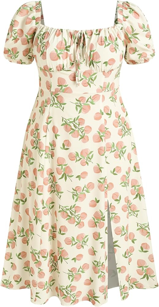 CIDER Plus Size Midi Dress Summer Fruit Patterned Square Neck Puff Sleeve Boho Vacation Casual Mi... | Amazon (US)