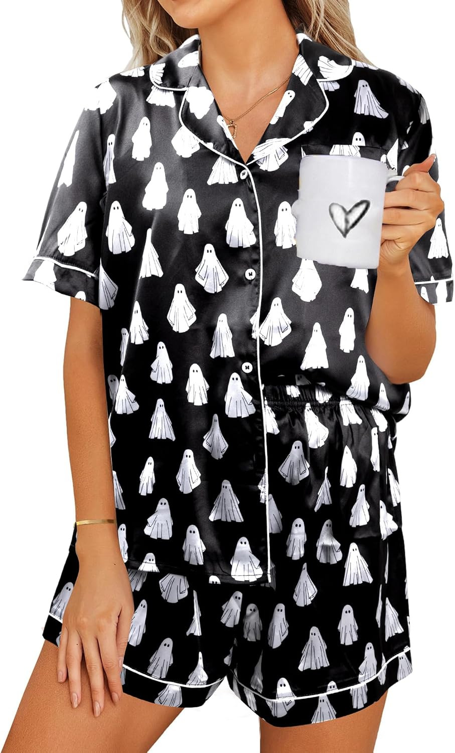 Halloween Pajamas 2 Piece Womens Ghost Button Down Short Sleepwear Sets | Amazon (US)