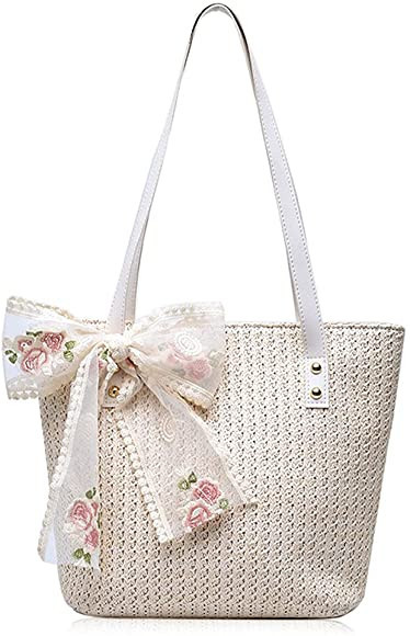 QTKJ Women Large Straw Beach Tote Bag Summer Hand-woven Bags Shoulder Bag Leather Handle Beach Ha... | Amazon (US)