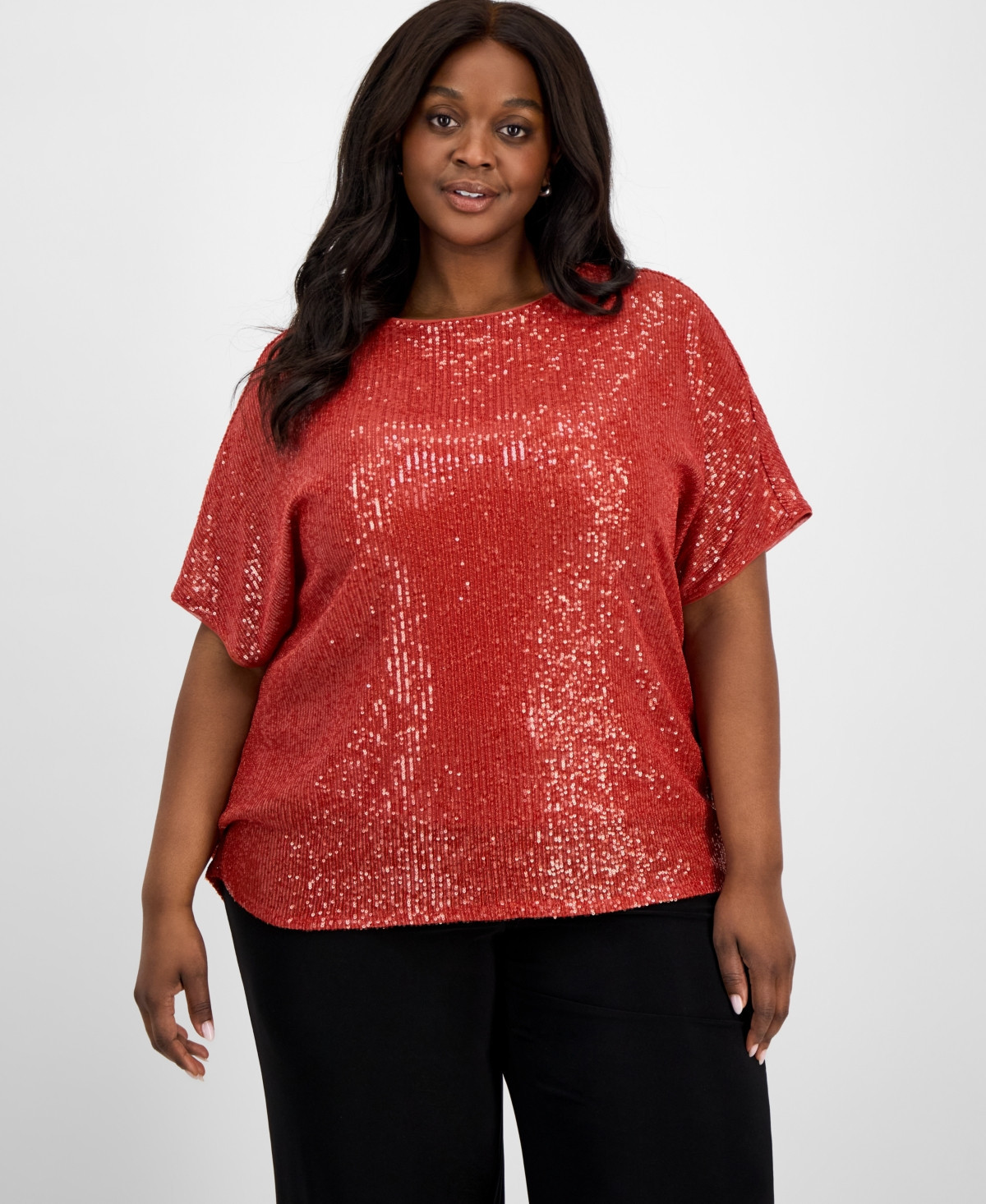 Anne Klein Plus Size Sequin Dolman-Sleeve Boat-Neck Top - Spiced Berry | Macy's