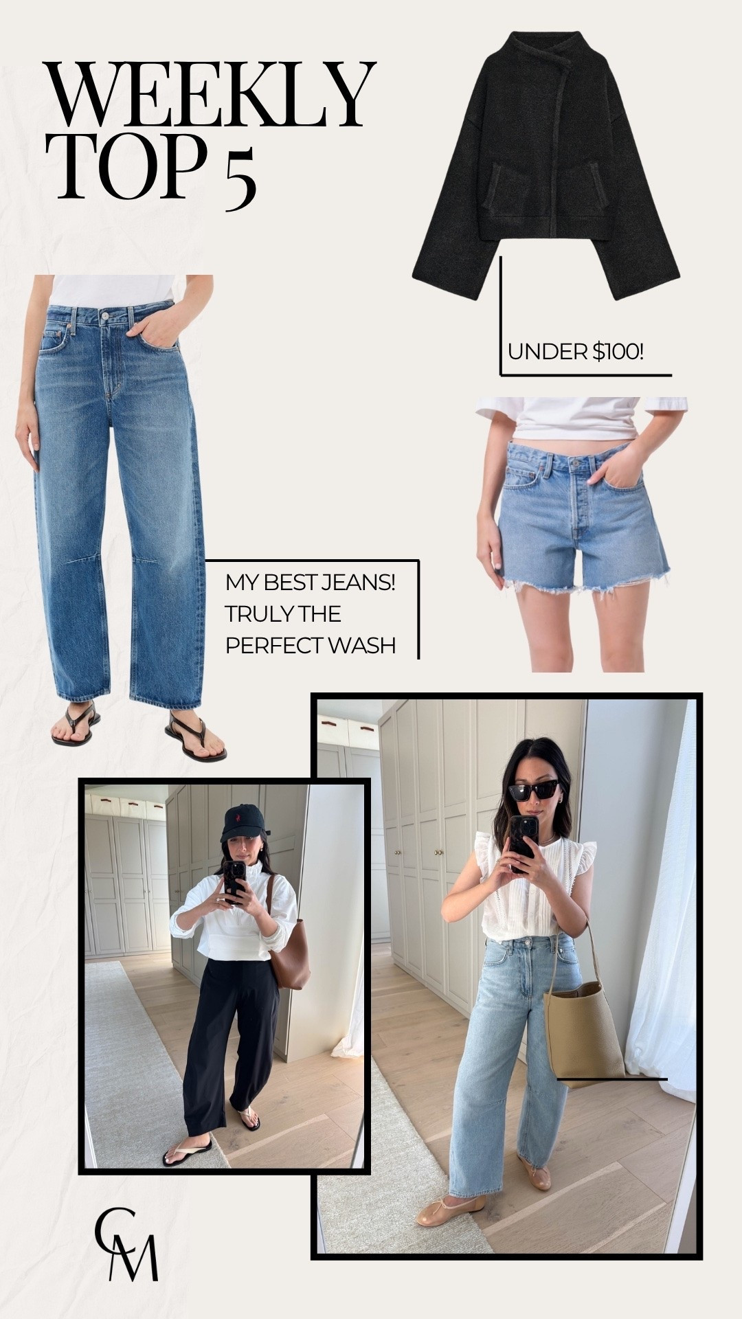 Weekly top 5. Your most-loved items this week. 

Citizens of Humanity Miro jeans 24- run big, sized down & cut hems
Citizens of Humanity petite Miro jeans 25
AGOLDE Parker shorts 25
Zella windbreaker xs
Zara knit bomber jacket small

#LTKmomlife #LTKSeasonal #LTKPetite