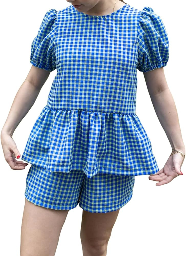 Faretumiya Y2k Summer Pajamas Set Women Peplum Shirt Shorts Set Short Sleeve Tie Front Babydoll T... | Amazon (US)