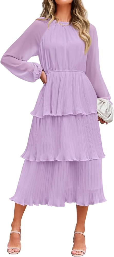 ZESICA Women's 2025 Long Sleeve Crew Neck Ruffle Tiered Layered Chiffon Flowy Swing 2025 Long Mid... | Amazon (US)