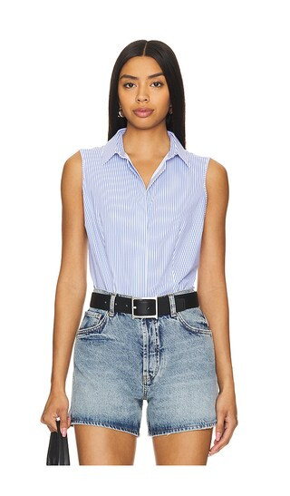 Classic Button Down Bodysuit in Blue & White Stripe | Revolve Clothing (Global)