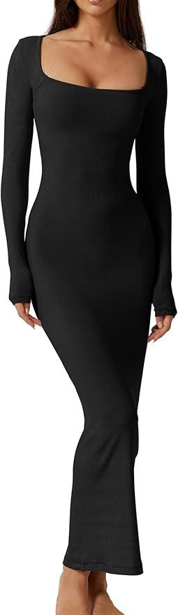 QINSEN Women's Long Maxi Dress Square Neck Long Sleeve Ribbed Bodycon Lounge Dresses | Amazon (US)