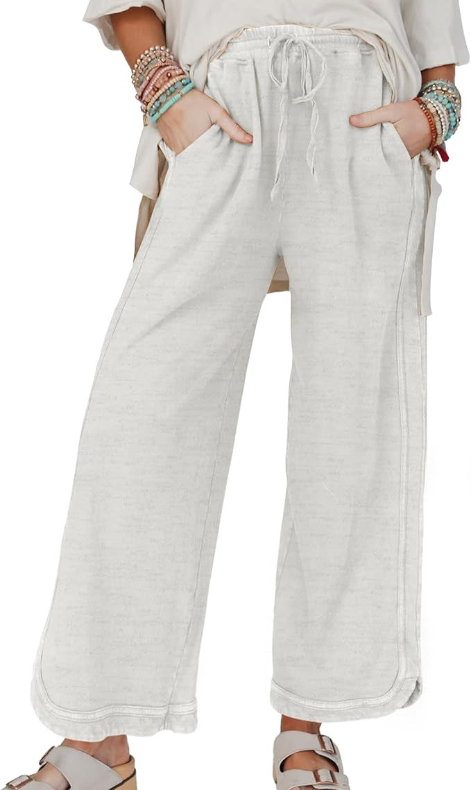 Hixiaohe Women's Casual Wide Leg Sweatpants High Waist Baggy Acid Wash Pants Drawstring Athletic ... | Amazon (US)