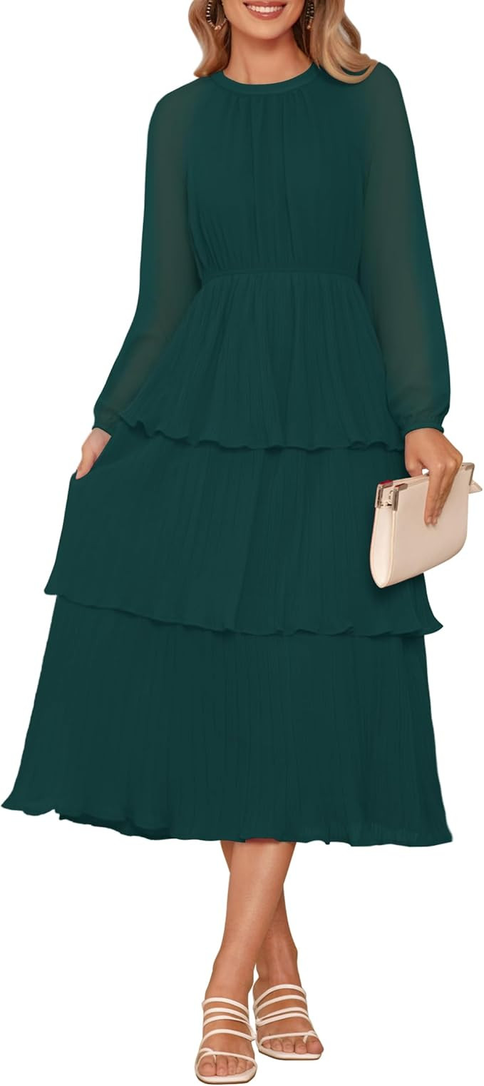 ZESICA Women's 2024 Long Sleeve Crew Neck Ruffle Tiered Layered Chiffon Flowy Swing Long Midi Dre... | Amazon (US)