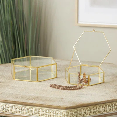 Glass Hexagon Geometric Decorative Clear Jewelry Box with Gold Metal Frame and Chain Accent Set | Wayfair North America