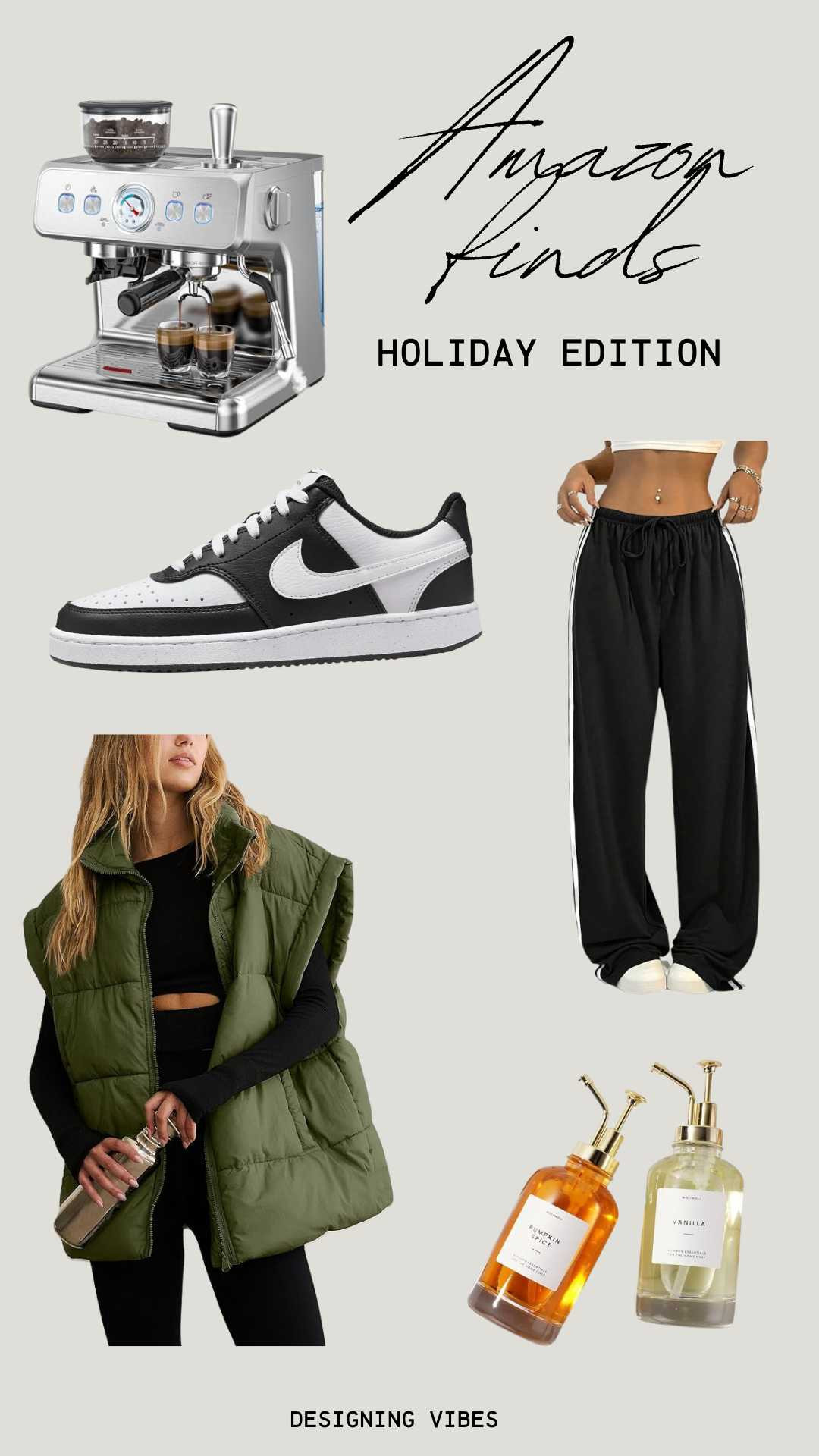 #ad Amazon partnered with me to share some of their Holiday Deals.....

I pulled together a mix of cozy style finds and everyday home staples that I actually reach for — all included in Amazon’s seasonal promotions right now.

From my espresso setup to the cutest Y2K-style track pants and Nike Courts (part of a big Nike sale!), everything here is neutral, practical, and perfect for gifting or elevating your day-to-day.

What I grabbed + linked below:
• Nike Courts 🖤 (Limited-Time Deal)
• Y2K track pants (so comfy)
• Sweater dress/cardigan
• Neutral puffer vest
• Espresso maker (similar model on deal)
• Aesthetic syrup dispenser set — café at home vibes ☕️

Tap any image to shop directly through my @amazon picks. #ad #founditonamazon #WinterFavorites2025  

 #LTKCyberWeek #LTKGiftGuide #LTKHoliday