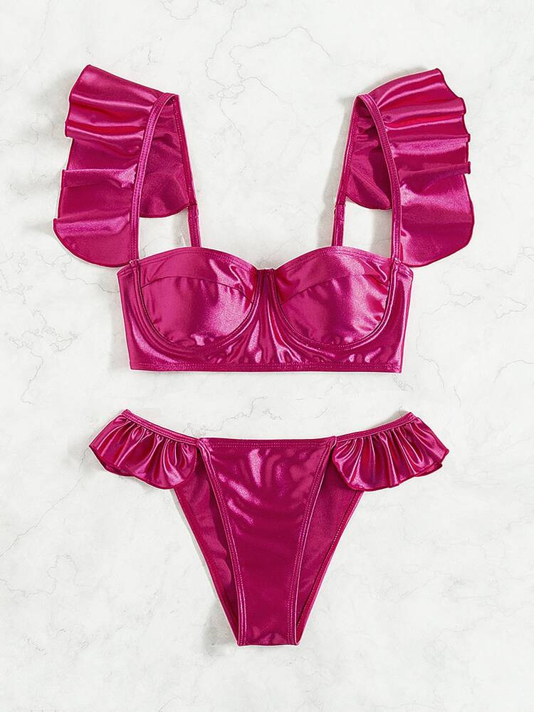 Satin Ruffle Trim Underwire Bikini Swimsuit | SHEIN