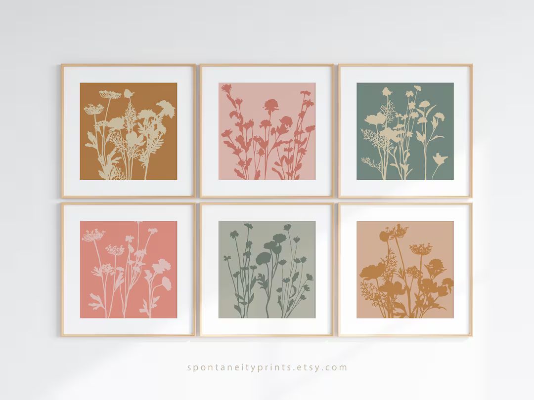 Teal Coral Sienna Flower Gallery Set, Wildflower Wall Art Prints, Warm Boho Floral Artwork, 4x4 5... | Etsy (US)