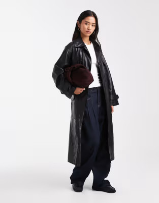 ASOS DESIGN longline leather look trench coat with contrast pockets in black | ASOS | ASOS (Global)
