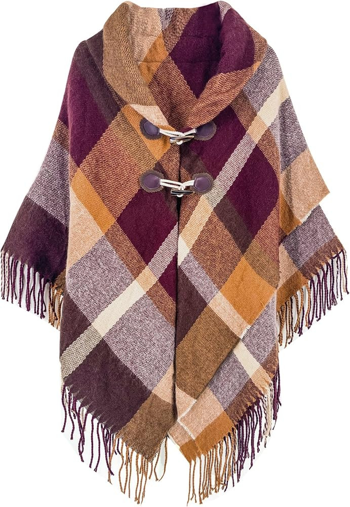 Moss Rose Women's Travel Plaid Shawl Wrap Open Front Poncho Cape for Fall Winter | Amazon (US)