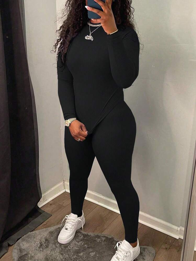 SHEIN Slayr 2pcs Women's Solid Color Minimalist Casual Long Sleeve Top And Pants Set | SHEIN