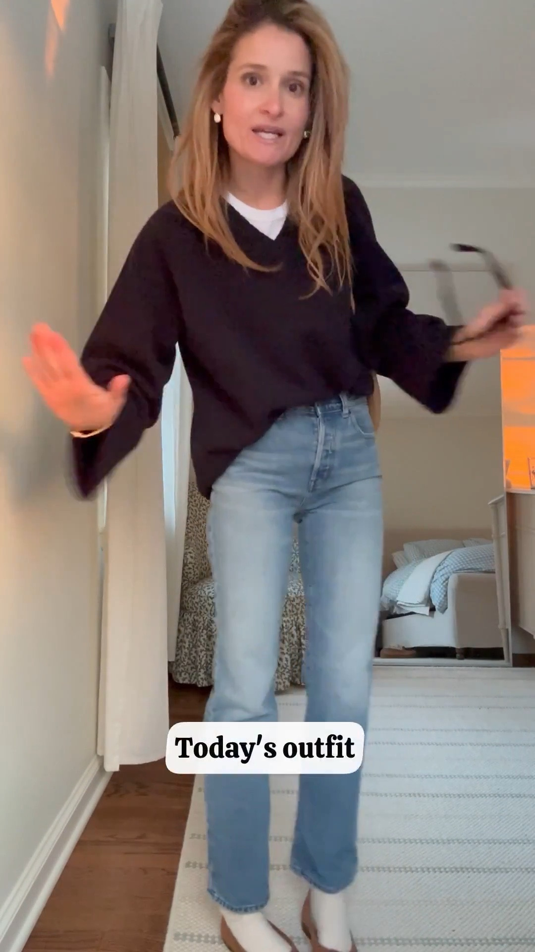 A little more detail on my OOTD. Love this Reformation v-neck. Neckline is not too low which I love and will allow me to wear on its own when it’s not 15 degrees outside! • Madewell straight leg jeans are the best AGOLDE alts I’ve found at such a great price. NEW Dorsey earrings are so chic… instantly elevates the outfit. Can wear them for an everyday outfit like I’m doing today or can wear out with something dressier • Liffner bag • A. Soliani flats are a beautiful suede light caramel color 

Sizing notes: Sweater and Tee: wearing a size small (both TTS). Jeans: sized up 1 to a 26 

Let me know if you have any questions!!

#LTKSeasonal #LTKootd #LTKgrwm