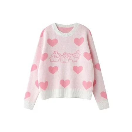 Women Sweet Loose Sweater Long Sleeve Round Neck Pink Heart Print Knit Pullover Tops | Walmart (US)