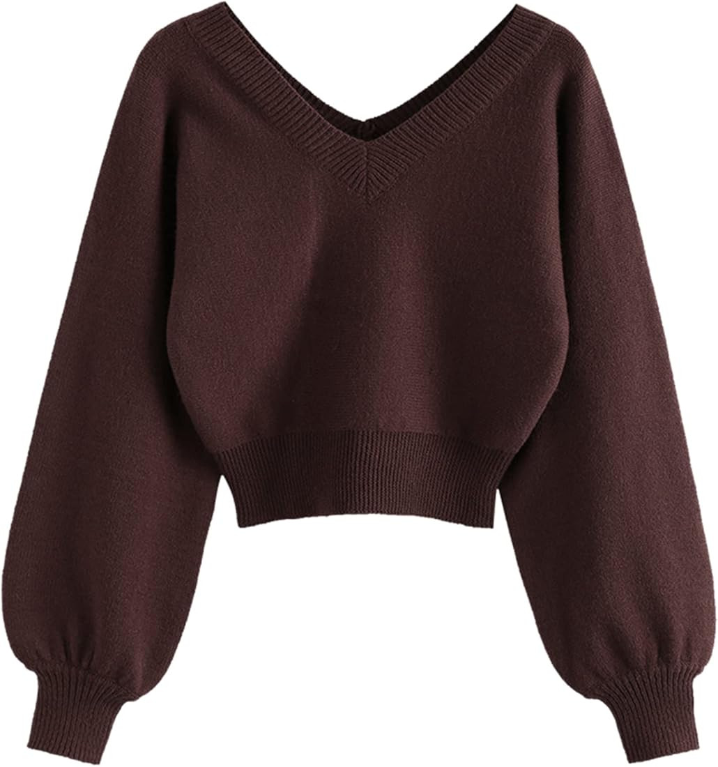 ZAFUL Women's Cropped Sweater V-Neck Long Sleeve Crop Sweater Pullover Jumper Knit Top | Amazon (US)