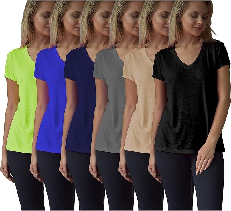 Women's Everyday Flowy Slub Burnout Active Casual Workout V Neck T Shirt Tops- 6 Pack | Amazon (US)