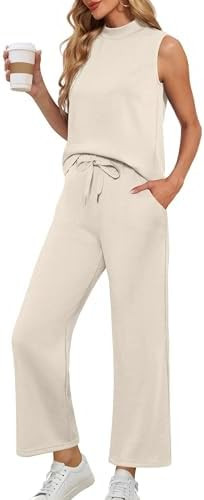 Lepunuo Two Piece Sets for Women Summer Mock Neck Sleeveless Top Crop Wide Leg Pants Lounge Sets ... | Amazon (US)